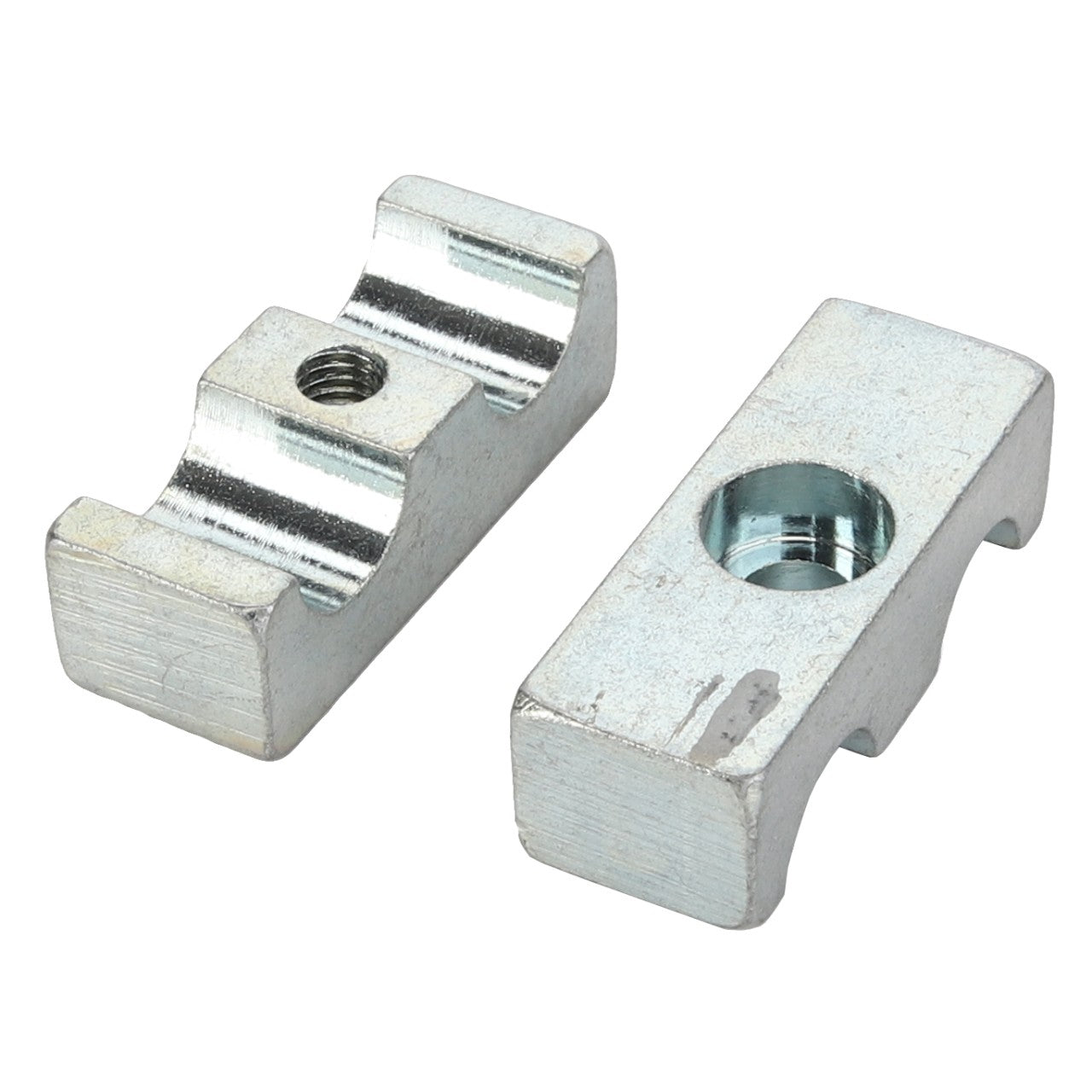 Two AGCO Clamp - Acp0419740 metallic mounting brackets featuring both threaded and non-threaded holes are placed side by side on a plain background. One bracket is depicted from the top view, while the other is shown from the bottom view. Additional product specifications are currently unavailable.