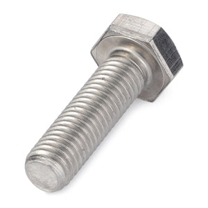 A close-up of the AGCO | BOLT - E105054, a silver hexagonal bolt with a partially threaded shaft, on a white background, showcasing precision and reliability.