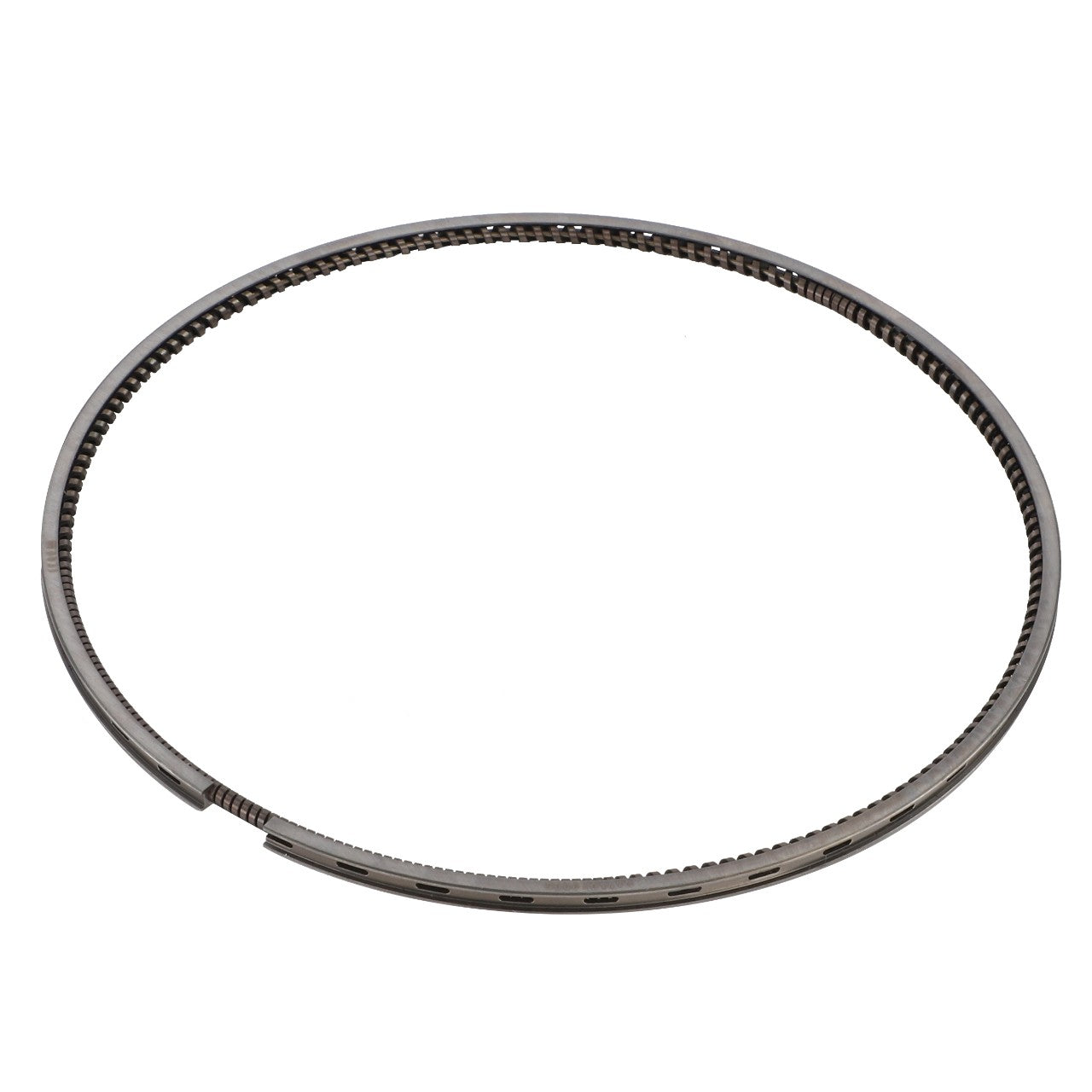 The AGCO | U/Mkme-Chamf.Rg. - Acp0427100 is a metallic piston ring with a segmented edge, designed for use in internal combustion engine cylinders.