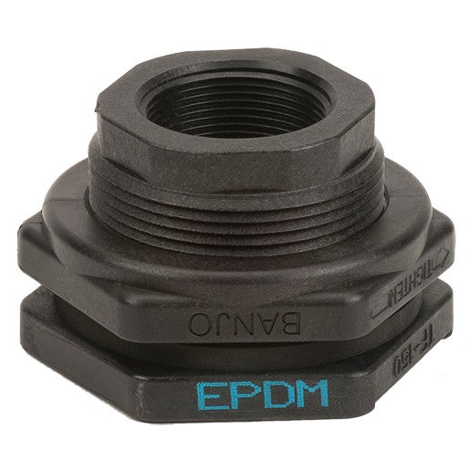 The AGCO | Tank Fitting - Acx2362270 is a black plastic threaded fitting, marked with "BANJO" and "EPDM," ideal for plumbing or industrial applications. No current product description information is available.