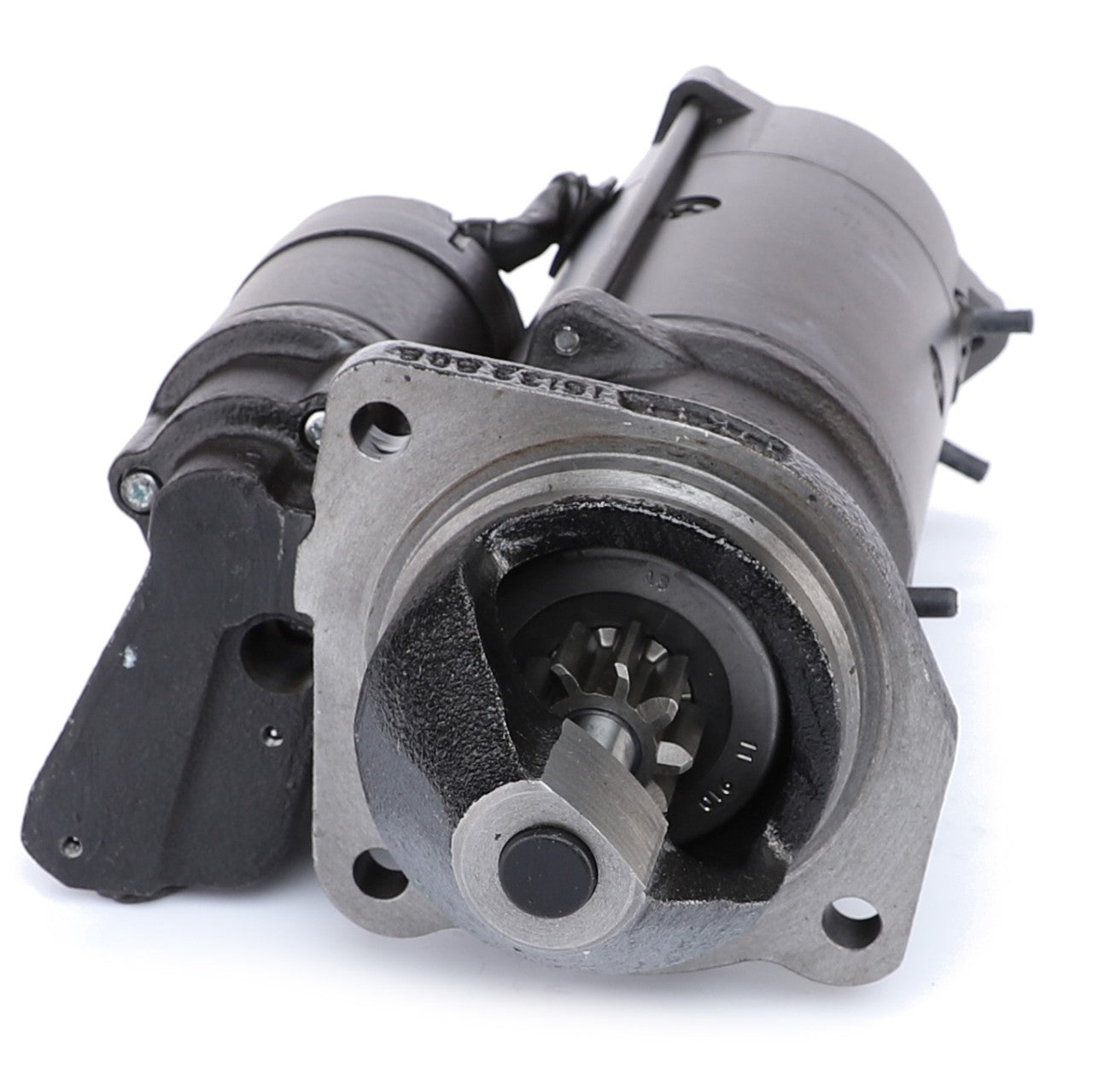 Close-up of an AGCO Genuine Starter Motor for a vehicle, showing the gear and mounting flange. The motor, a 12V 4.0Kw AGCO | Starter Motor (F842900060010), is predominantly black with some metallic components, designed to deliver maximum cranking torque. Suitable for Fendt models.