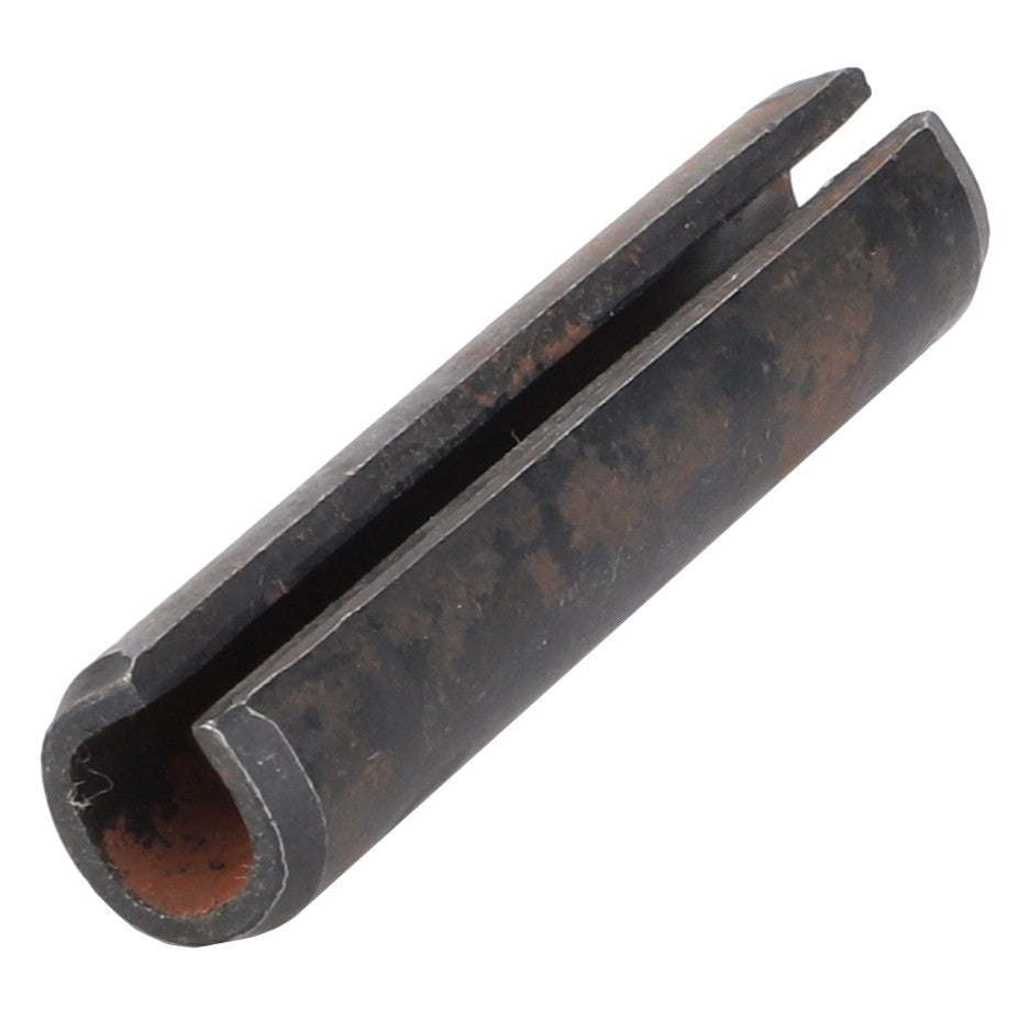 An AGCO cylindrical metal clip, model PIN - D42625400, features a slit running along its length and shows signs of rust and wear. No current product description information is available.