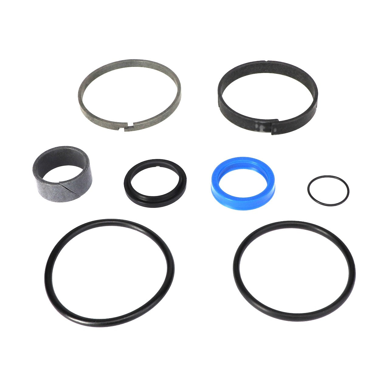 An assortment of circular sealing rings and gaskets in various sizes and colors, including black, blue, and gray, arranged on a white background. For further assistance or ordering inquiries regarding the AGCO | SEAL KIT - ACP0224240 by AGCO, please contact our Support Team.