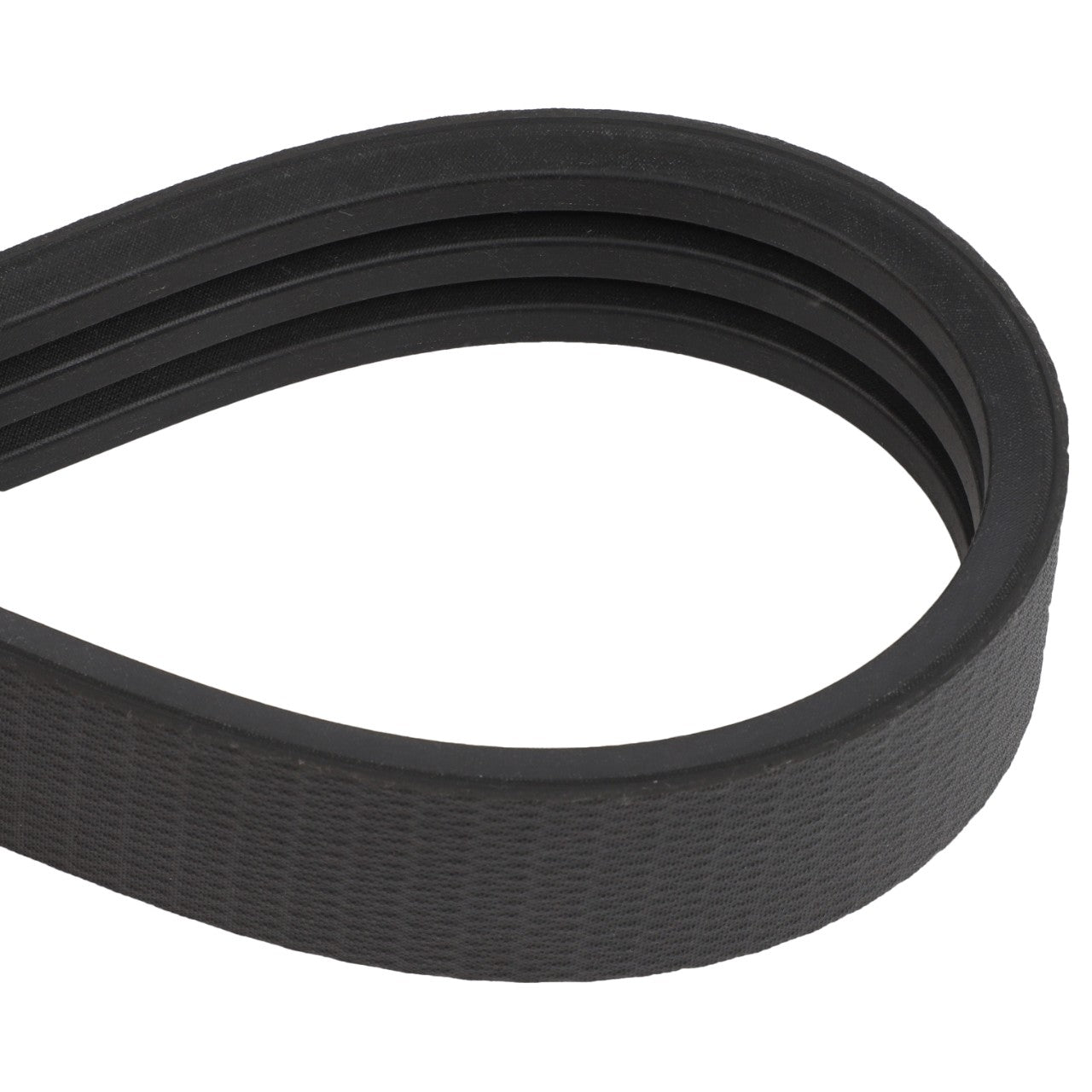 A detailed close-up view of the AGCO | BELT - D41991700, a black serpentine belt with multiple ribs commonly used in automotive engines to drive various components. No current product description information available.