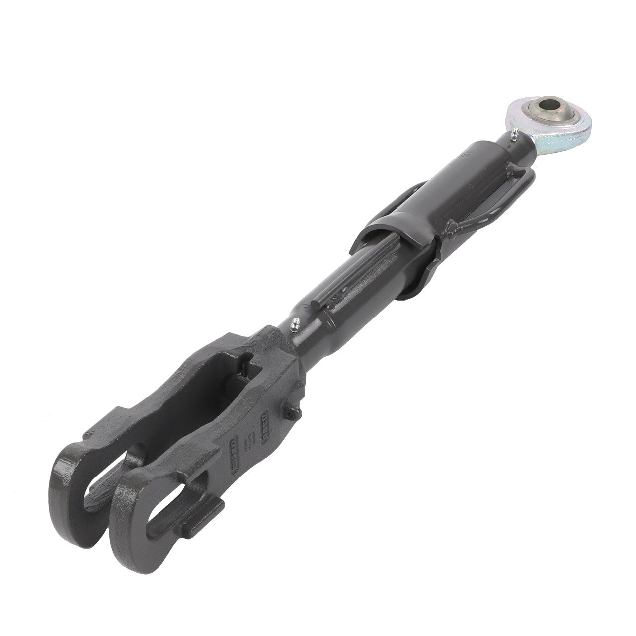 A metal turnbuckle with a clevis and rod end, used for tensioning and adjusting the length of cables, rods, or other tensioning systems. Ideal for hitch and linkage components in AGCO Parts or Massey Ferguson Models.