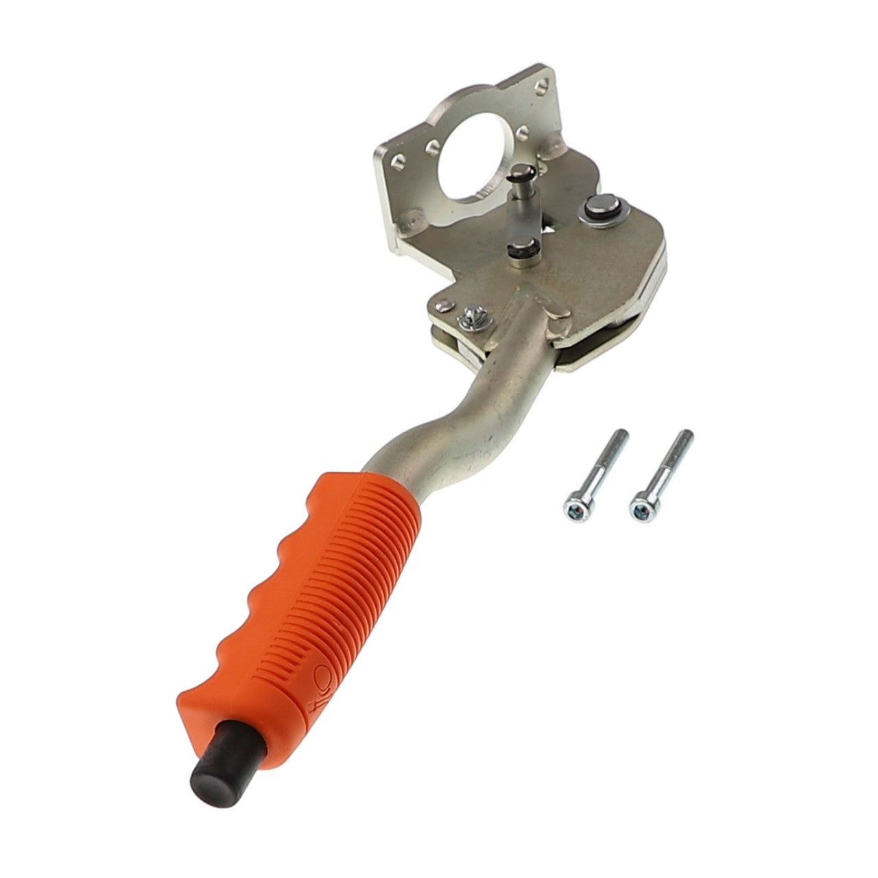 Product Description: The AGCO Control Lever - Acw108168B is a manual aircraft rivet gun featuring a curved handle with an orange grip, a metal bracket, and two screws included.