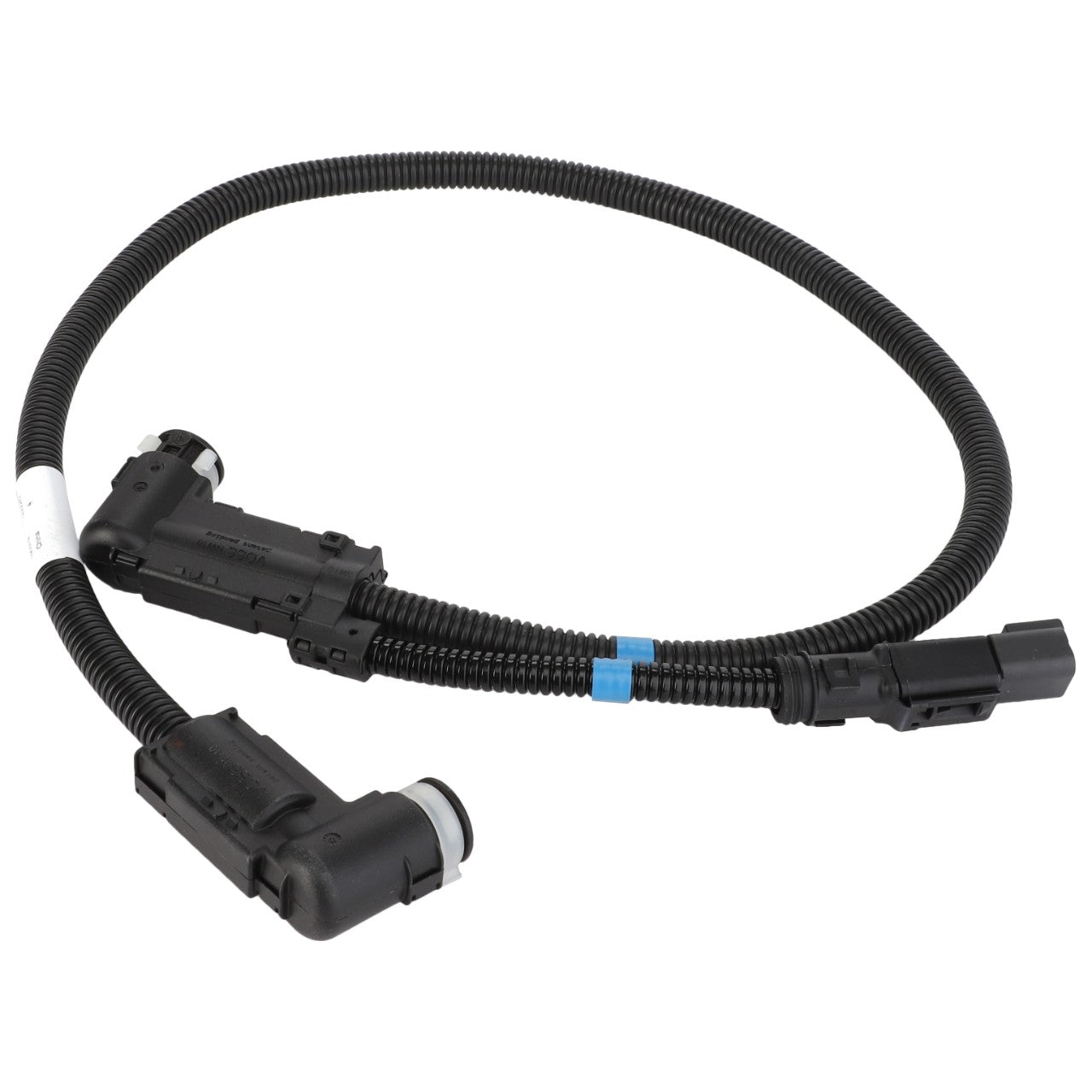 A coiled automotive wiring harness by AGCO, labeled as the Hose - Acw039780A, comes with connectors at each end, is encased in a protective black plastic sheath, and features a distinctive blue clip along the cable.