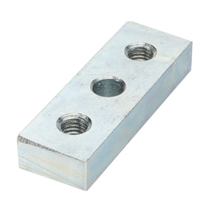 The AGCO | STRAP - D28251146 is a rectangular metal block featuring one central circular through hole and two threaded holes on either side. No current product description information is available.