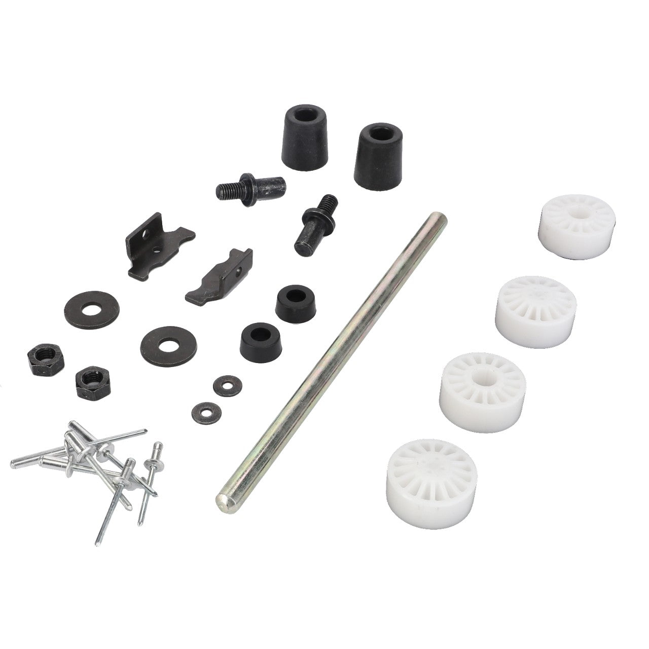 The AGCO Wear Parts Set for Seat Height Adjustment (F248500031200), consisting of assorted mechanical components like bolts, washers, nuts, screws, a metal rod, plastic gears, and spacers, is neatly arranged on a white background. Detailed product description is not currently available.