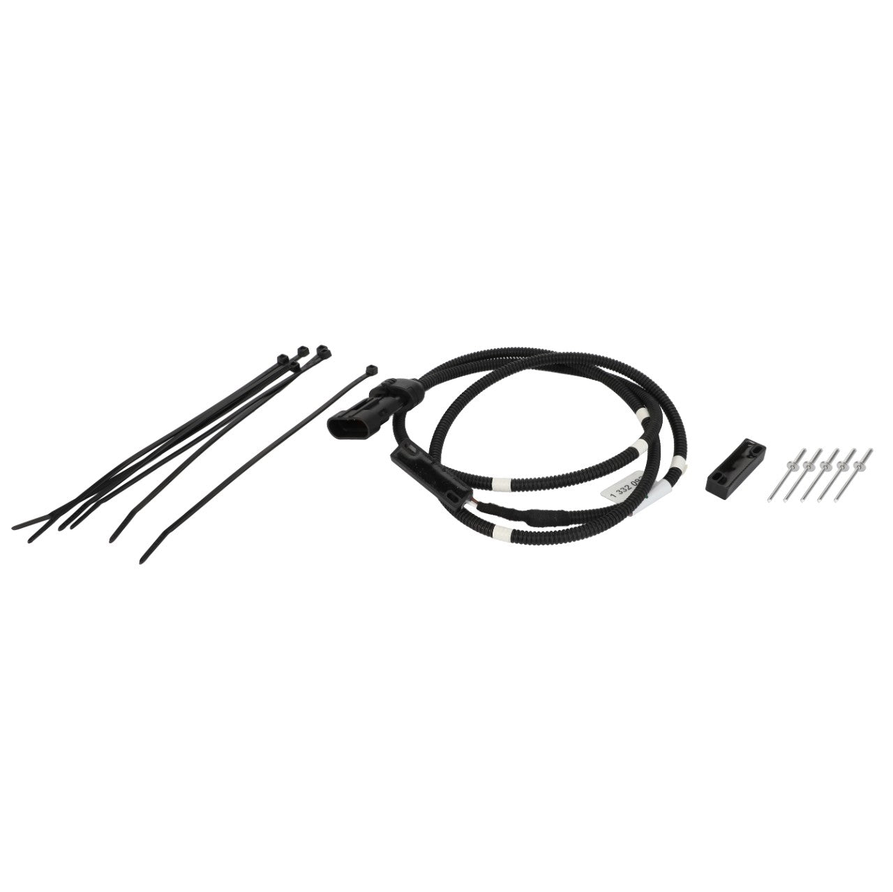 The AGCO | Switch - Acp0349450 by AGCO includes a coiled black wiring harness with connectors, four black zip ties, a black plastic component, and four metal screws—all clearly displayed on a white background. Currently, no product description is available.