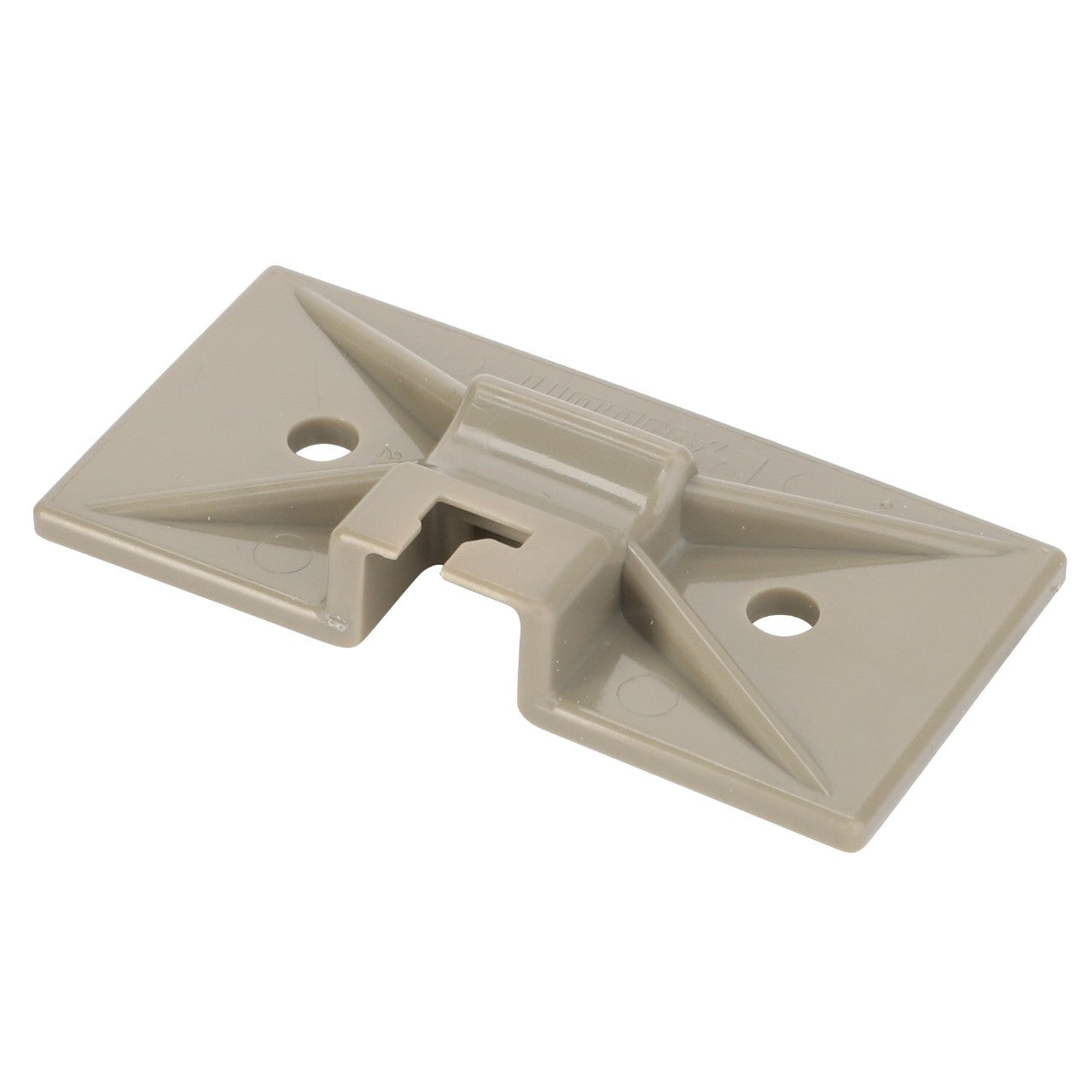 The AGCO Retainer - D45039300, crafted from durable plastic and distinguished by its beige color, features two screw holes and a center groove for secure component mounting. Reinforcement ridges enhance stability, although the full extent of its durable build has yet to be detailed in existing product descriptions.