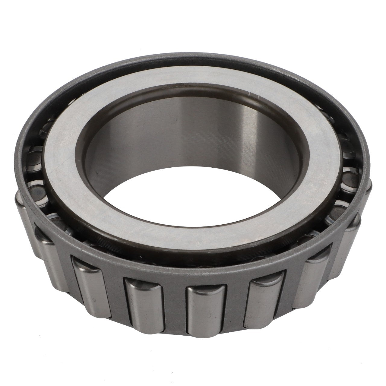 Introducing the AGCO Tapered Roller Bearing Cone - 300974M1, a premium metallic bearing from AGCO featuring an inner and outer ring with cylindrical rollers in between.