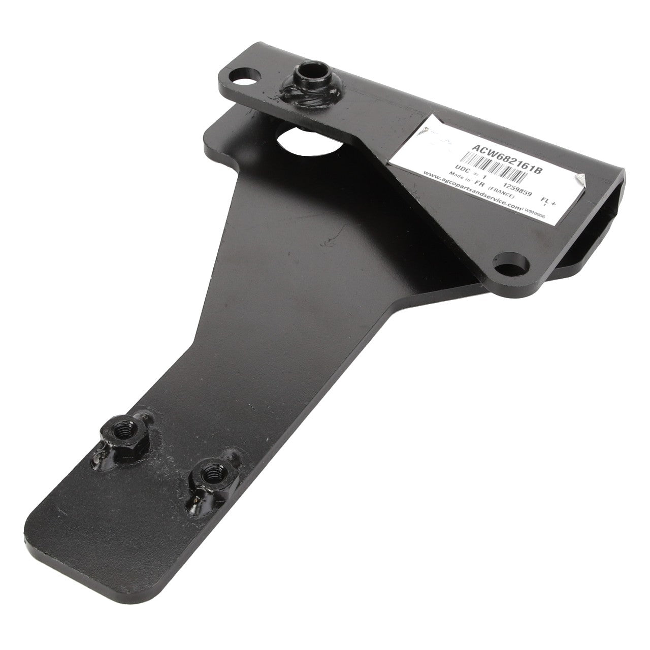 The AGCO Bracket - Acw682161B is a sturdy black metal bracket featuring a barcode label and two threaded bolts securely attached at the base.