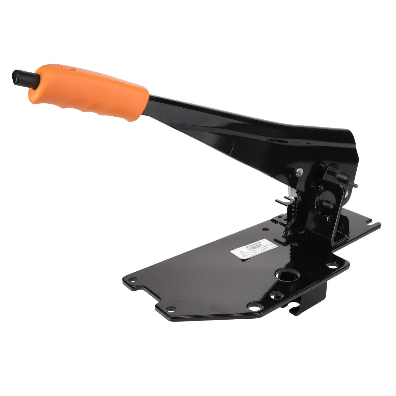 Currently, no product description information is available for the AGCO Hand Brake Lever - Acw164978D, a black handheld mechanical lever device with an orange handle, mounted on a flat metal base with several holes.