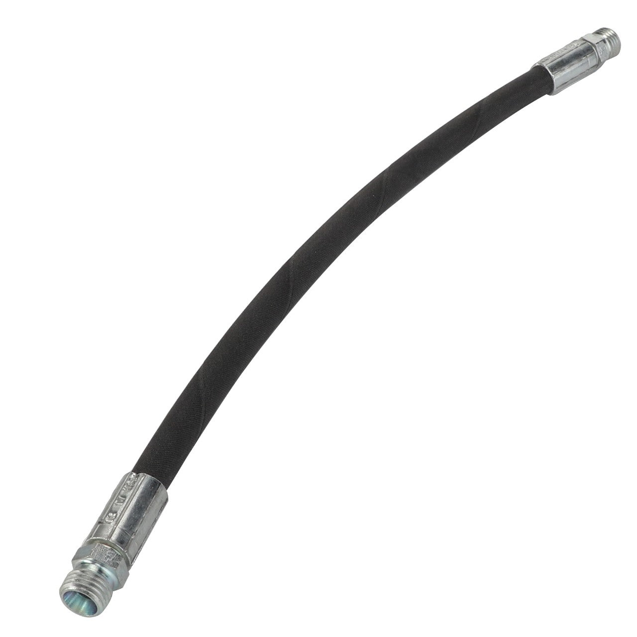 The AGCO Hydraulic Hose - Acw1758300 is a versatile black rubber hose equipped with sturdy metal fittings on both ends, commonly used for fluid transfer or hydraulic systems.