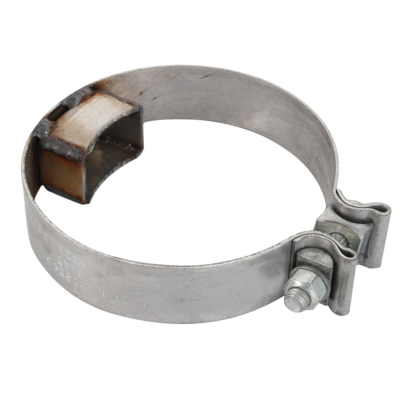 The AGCO Band Clamp - Acw0258560, featuring a nut and bolt fastener, is ideal for securing piping in automotive or industrial applications and offers superior radial clamping force.