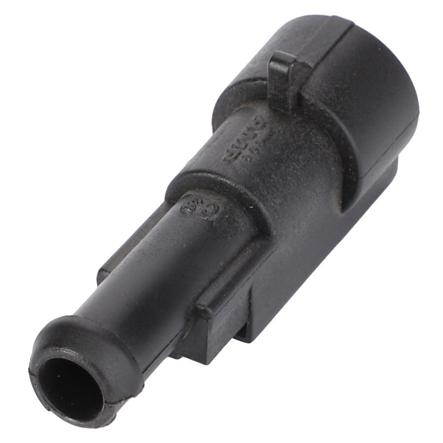 The AGCO Receptacle Housing for AC Compressor (F117551020050) is a black plastic electrical connector with a cylindrical shape and a latch mechanism, designed for optimal performance in heating and air conditioning systems, ensuring reliability as part of AGCO Parts Genuine.