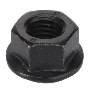 The AGCO Hex Flange Top Lock Nut - Acw1907400 is a black hexagonal nut with internal threading, designed for fastening purposes in Massey Ferguson Dyna-VT machinery.