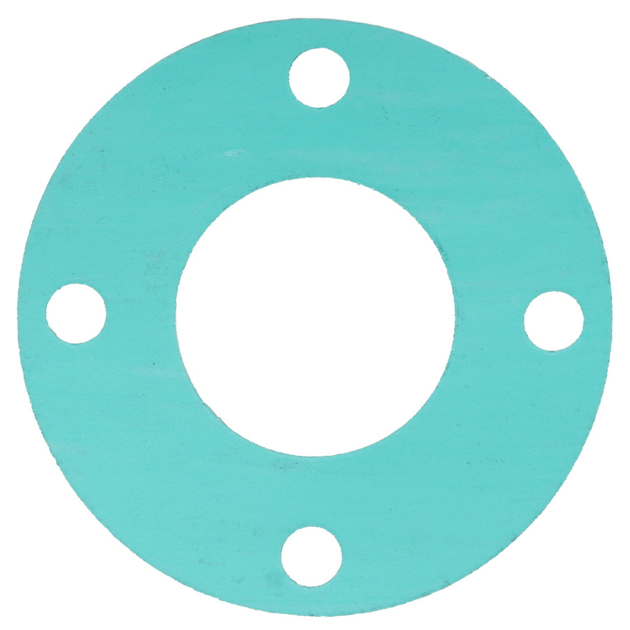 The AGCO | GASKET - AG517044 is a circular turquoise gasket featuring a large central hole and four smaller holes evenly spaced around the perimeter.