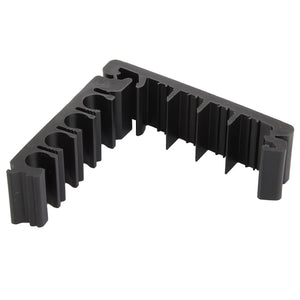 A durable, L-shaped black plastic clip featuring multiple vertical slots and ridges, similar to those robust components found in Massey Ferguson tractors, specifically the AGCO Massey Ferguson Clip - 3640959M1.