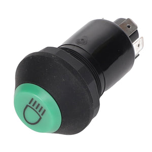 A black circular AGCO push button switch with a green cap displaying a headlight icon, used for controlling vehicle headlights, ideal for Fendt Models (AGCO | Switch, Push Button, Lighting - G339900020080).