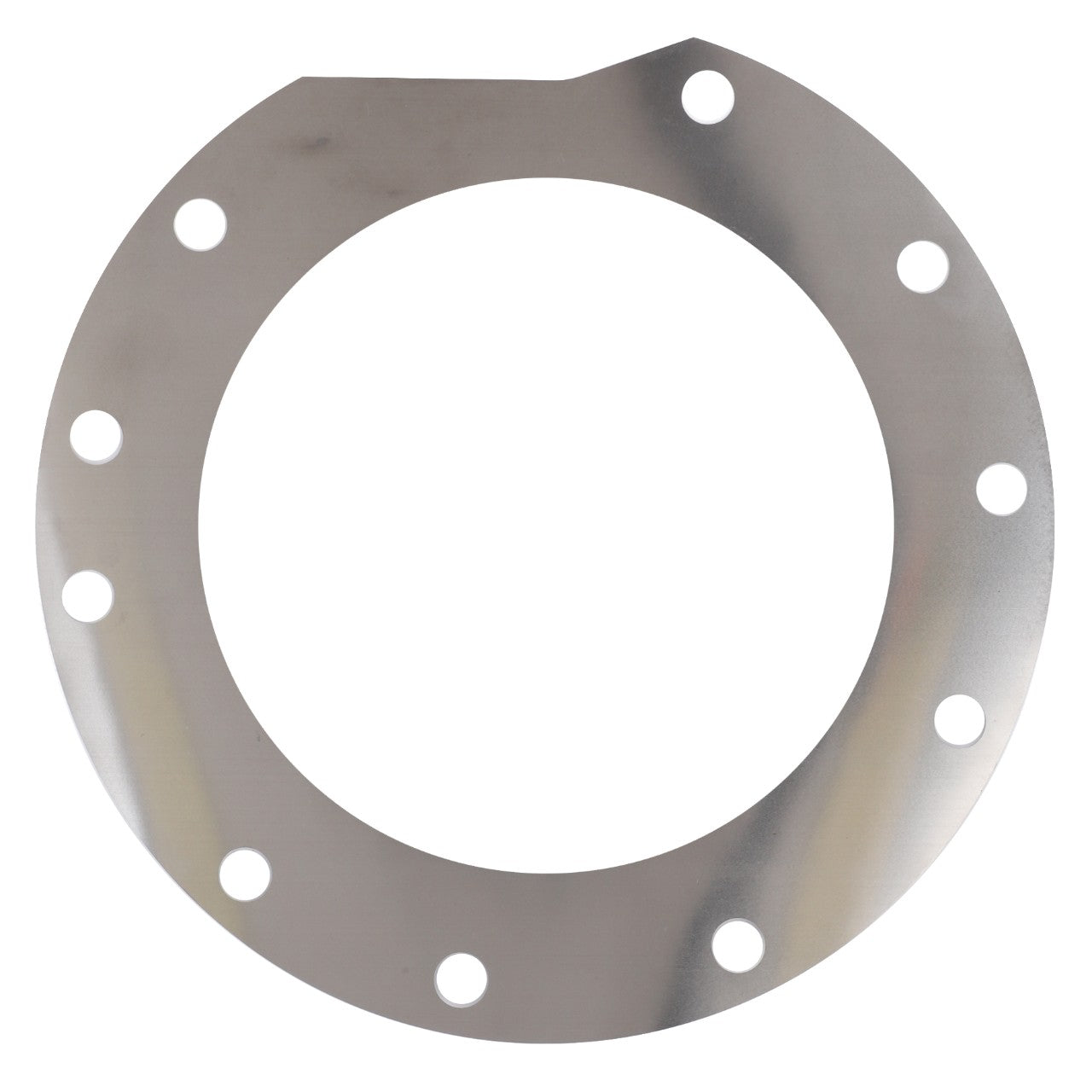 The AGCO Adjusting Shim - 3799385M1 is a circular metal washer featuring 12 evenly spaced holes around the perimeter, one flat edge, and is compatible with Valtra models.