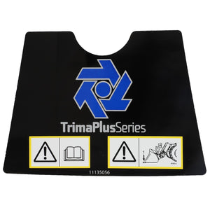 Black AGCO decal labeled "Trima Plus Series" with a blue logo, featuring three caution icons: read instructions, general warning, and machinery hazard. No applicable keywords can be extracted from the provided information. Product Code: AL11135056.