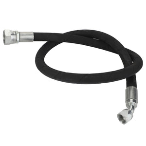 A black rubber hydraulic hose, branded AGCO and named HYDRAULIC HOSE - D46150584, featuring metal connectors at both ends, coiled in a loop.