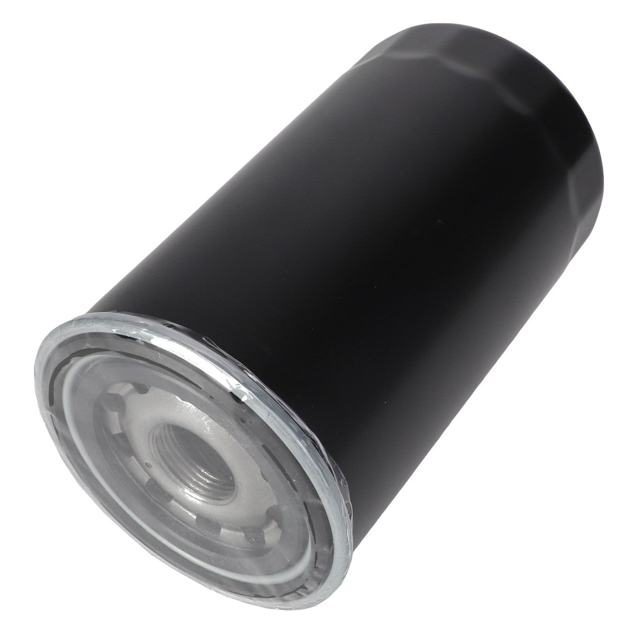 The AGCO Hydraulic Filter Spin On - 7077903M1 is a cylindrical black metal filter featuring a visible threaded opening and a ridged end, designed for clean oil and high dirt holding capacity.