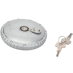 The AGCO Fuel Cap - F411201060070 is a round metal gas cap with a locking mechanism, accompanied by two silver keys on a ring, and is placed on a white background. No current product description available for this product.