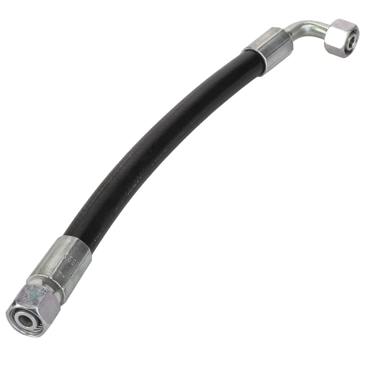 The AGCO Hydr. Hose - Acw2156690 is a black hydraulic hose featuring metal connectors at both ends, with one connector straight and the other slightly bent. No further product description information is available at this time.