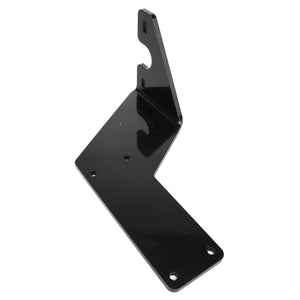 The AGCO | BRACKET - AL10385800 is a black metal bracket featuring a zigzag design and holes for mounting. No further product description is provided.