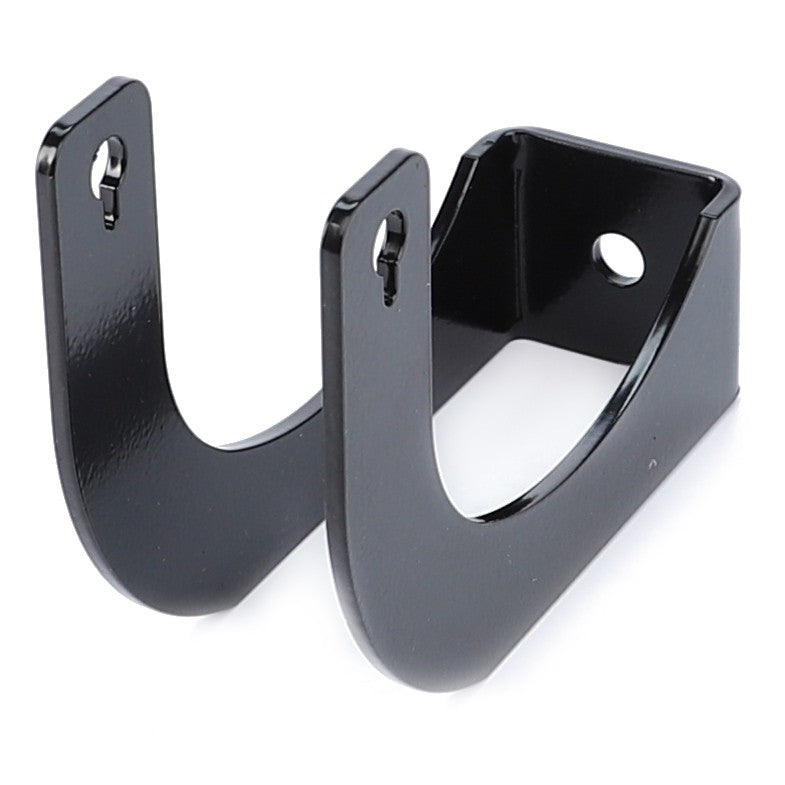 Currently, there is no product description available for the AGCO Bracket - Acw0607810, a black metal U-shaped bracket featuring two mounting holes on one side and a single hole on the other.