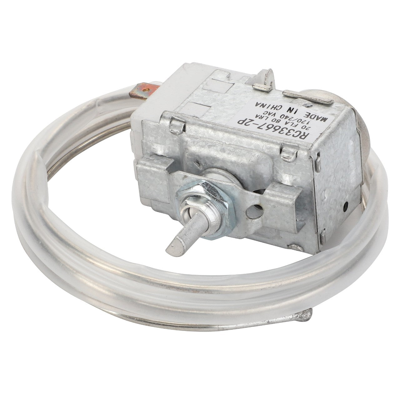 The AGCO Thermostat - Acw5116120, a metal HVAC temperature control switch with attached wiring, is currently unavailable for a detailed product description.