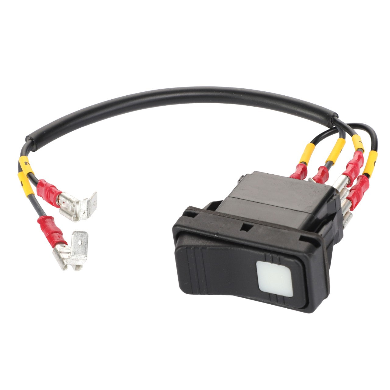 The AGCO | SWITCH - AL10339939, a black rocker switch from AGCO, includes attached wiring with connectors and red and yellow protective sleeves on the wires. No further product description information is available.