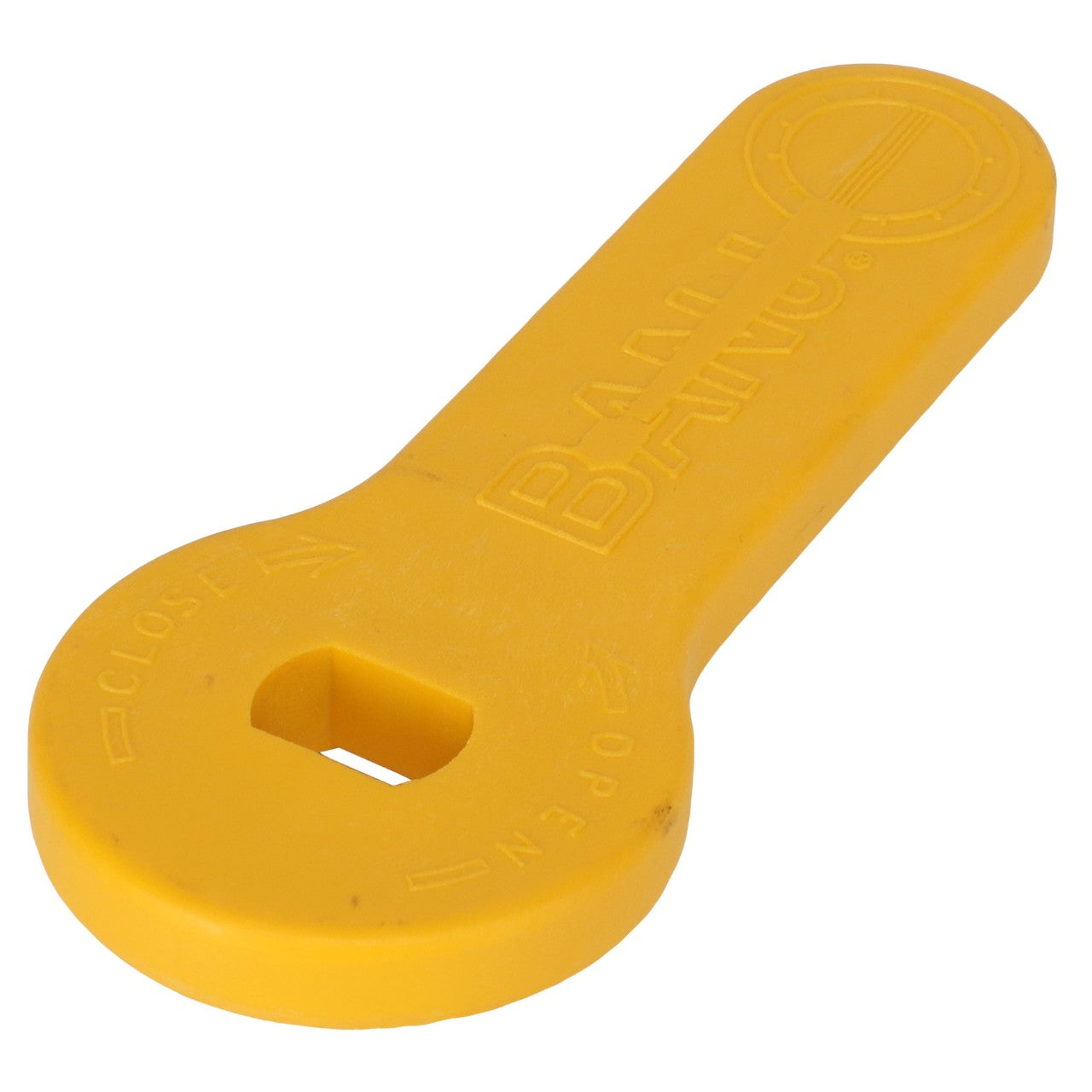 A yellow plastic handle for the Rogator Liquid System (Ag055624) by AGCO, featuring a rectangular hole in the center and raised text indicating "CLOSE" and "OPEN." Its elongated design, emblazoned with the AGCO Parts Genuine Controls and Levers branding, ensures genuine appearance and quality for enhanced productivity and efficiency