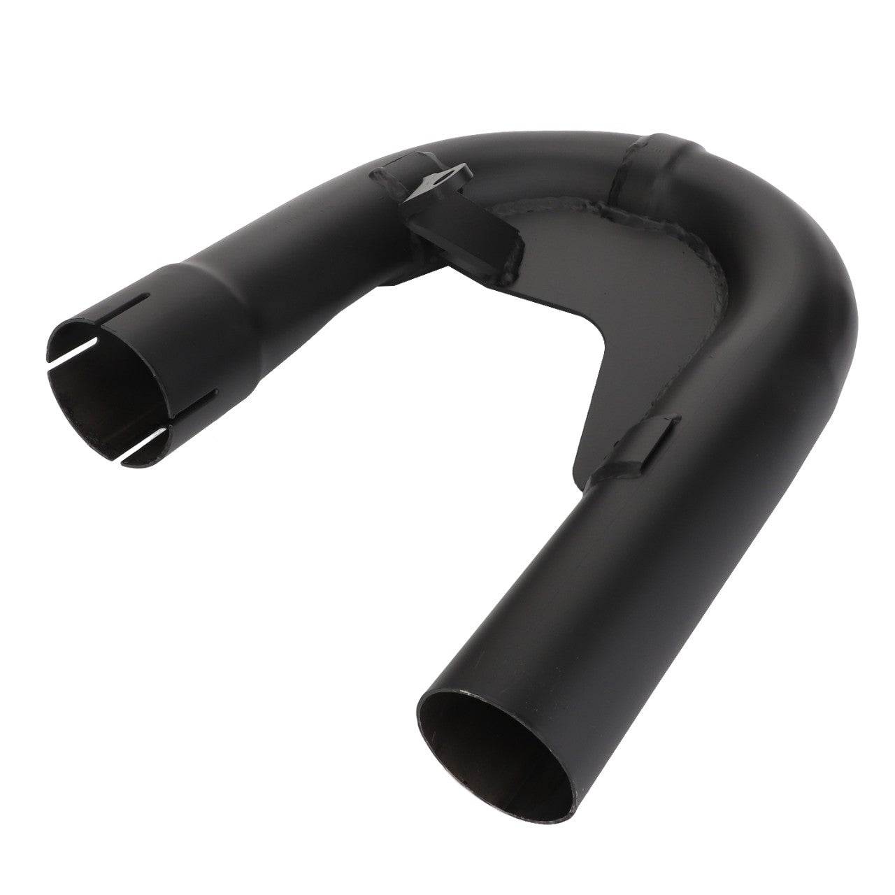 The AGCO | Exhaust Pipe - Acw0555530 is a black metal exhaust pipe with two open ends and a curved design.  

