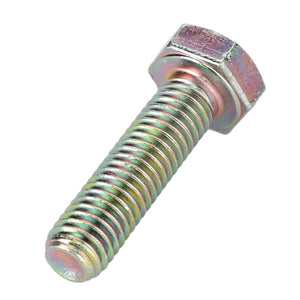 Close-up of a 33.59mm AGCO hexagonal head bolt (X487528141000) with a threaded shaft showing a rainbow-like iridescence. The bolt, often used in Fendt models, is positioned diagonally with the head at the top right corner.