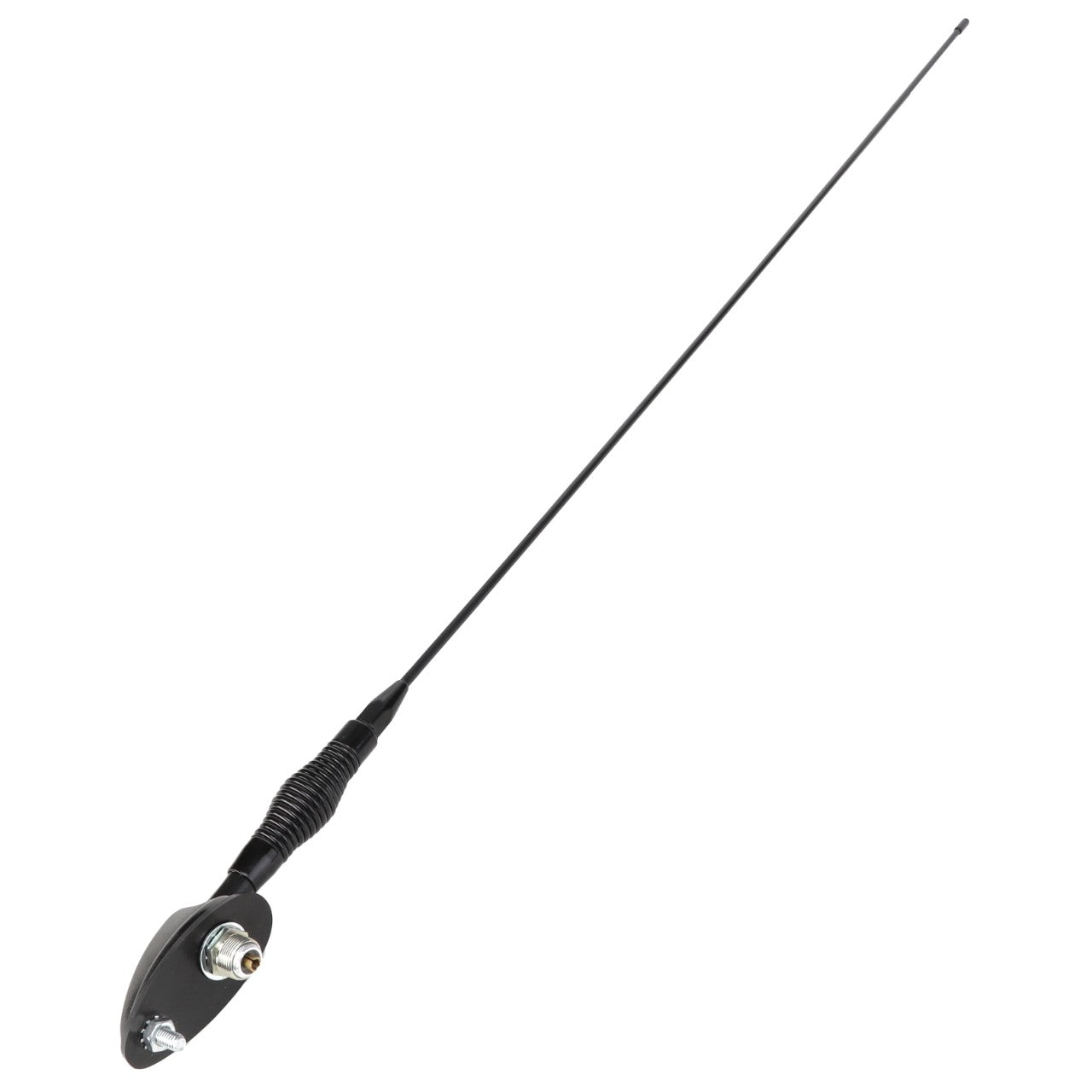 A black AGCO car radio antenna, model CH166-4615, featuring a long, slender rod attached to a compact base.