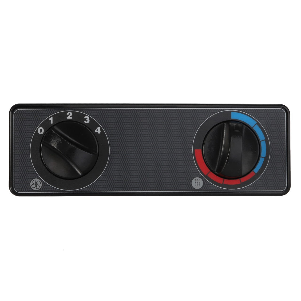 The AGCO | Control Panel - Acw2146480, a black car climate control panel from the AGCO brand, features two knobs: the left knob is numbered 0 to 4 for fan speed adjustment, while the right knob uses blue and red colors for temperature regulation. Please note that no current product description information is available.