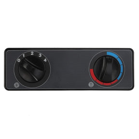 The AGCO | Control Panel - Acw2146480, a black car climate control panel from the AGCO brand, features two knobs: the left knob is numbered 0 to 4 for fan speed adjustment, while the right knob uses blue and red colors for temperature regulation. Please note that no current product description information is available.