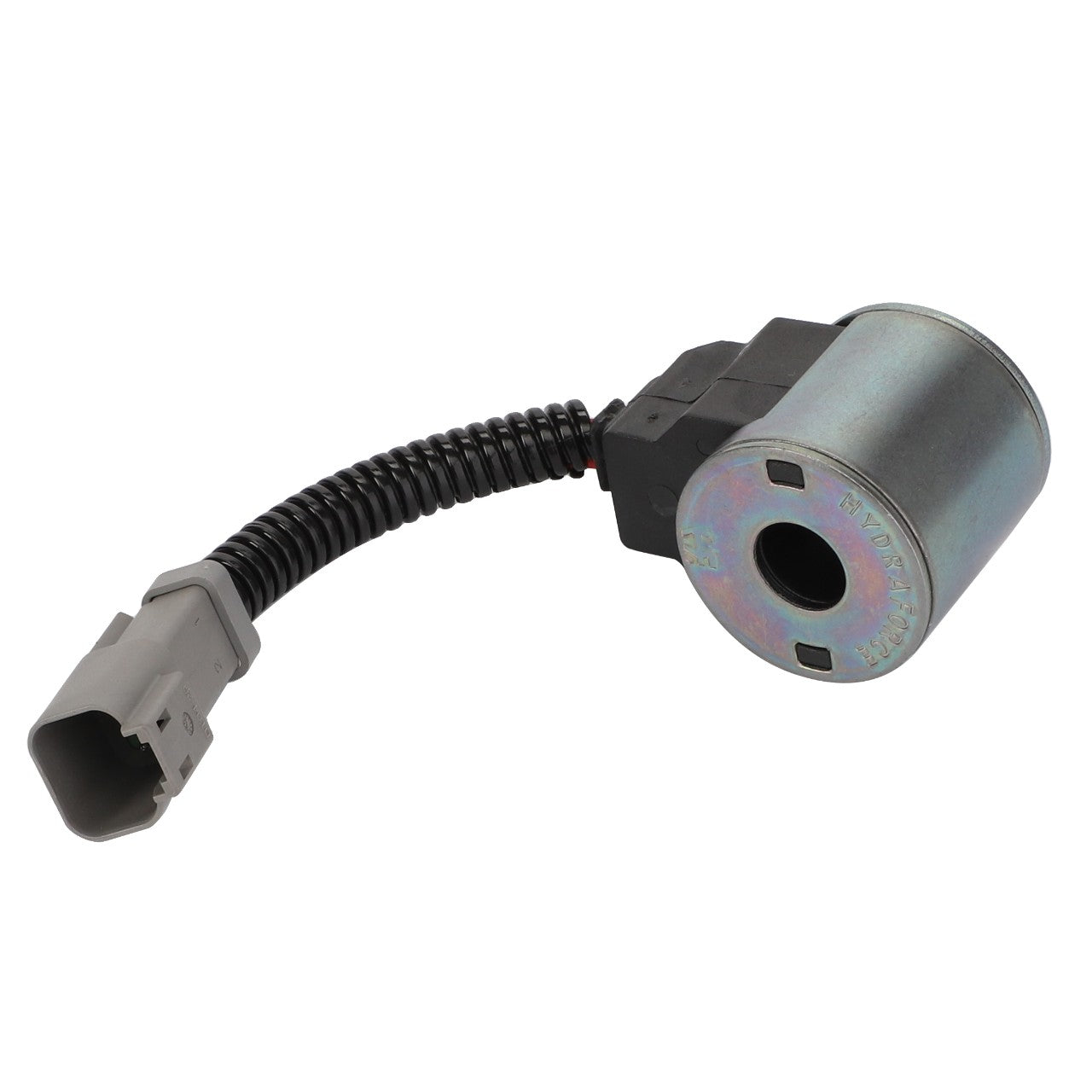 A cylindrical automotive solenoid featuring a black coiled wire and a gray connector plug, specifically the AGCO Coil - Acp0276670 by AGCO.