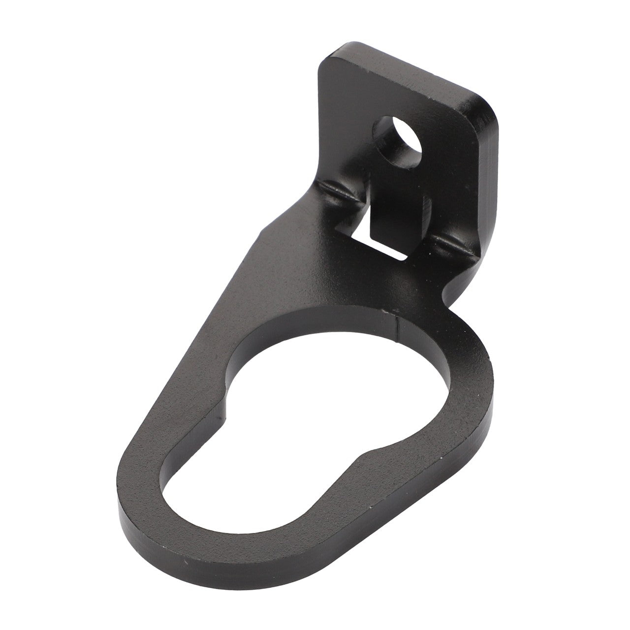 AGCO | Coupler Bracket - Acw2157820: A black metal bracket featuring a circular cutout and a mounting hole; product description currently unavailable.