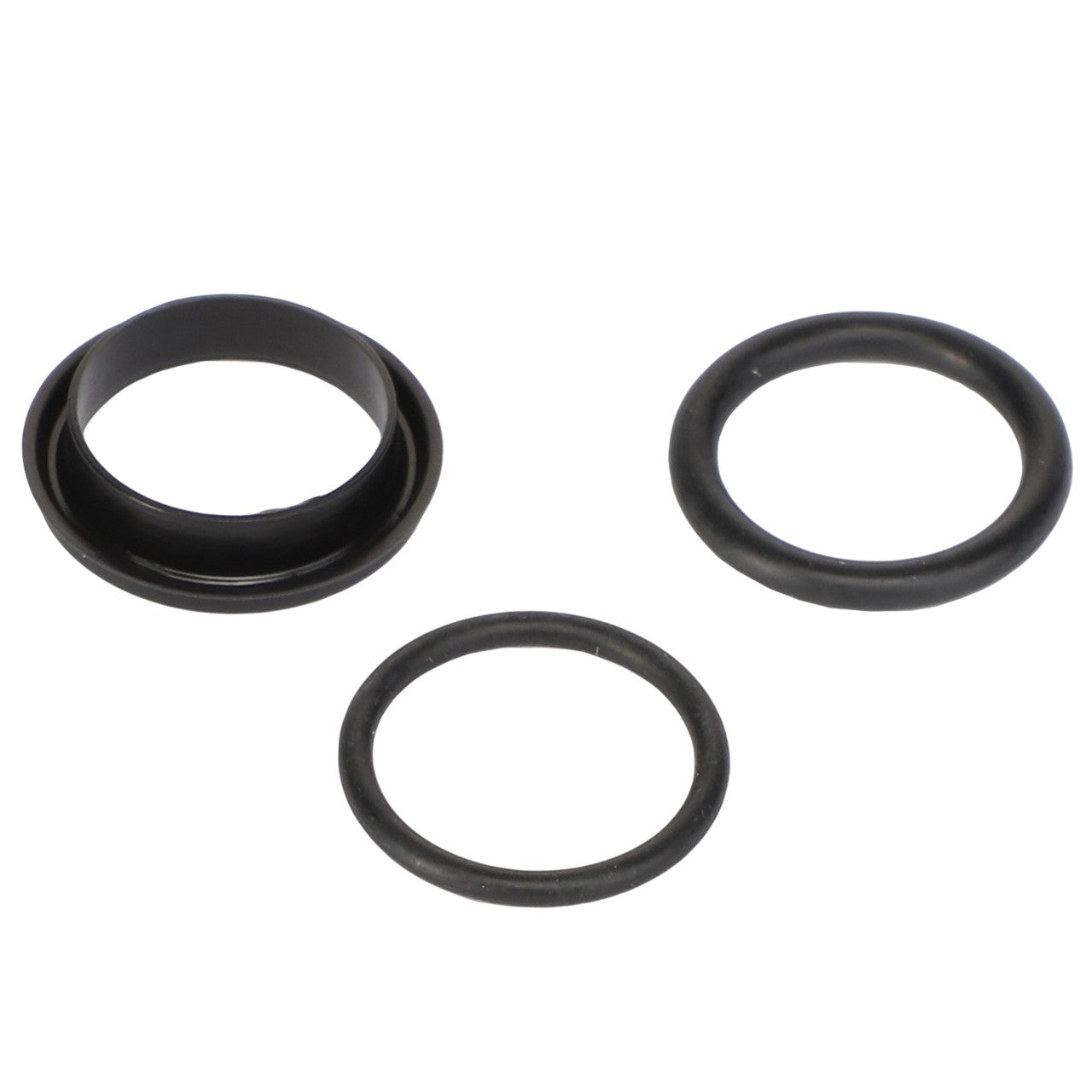 Three black rubber O-rings, one featuring a flange, are arranged on a white background. Product Description: AGCO | SEALS KIT - AL521834 by AGCO.