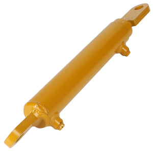 The AGCO | CYLINDER - AG425222 is a robust yellow hydraulic cylinder with mounting points at both ends, ideal for heavy machinery applications.