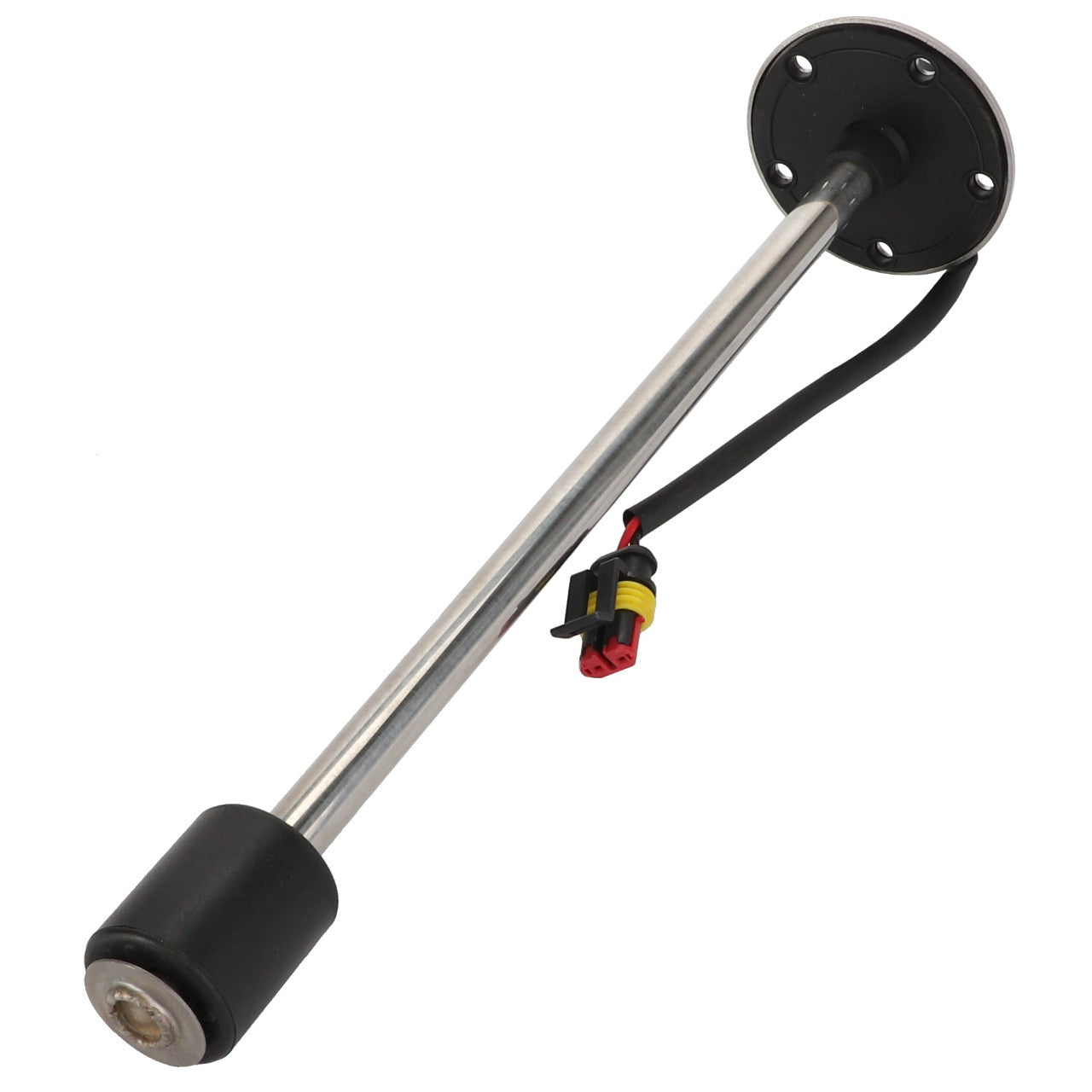 No current product description information is available for the AGCO SENSOR - ACY1581310, which features a metal rod sensor with a black cylindrical float, attached to a circular base plate with multiple holes, and a wire harness with red and yellow connectors.