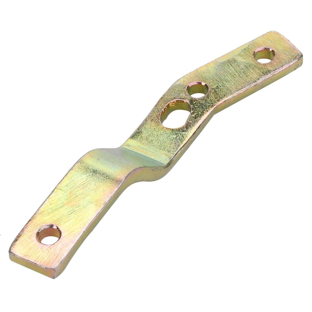 The AGCO LEVER - D28751730 is a metallic bracket with a slight bend, featuring three holes: one in the center and one at each end. It has a shiny, gold-colored finish. Currently, no additional product description information is available.