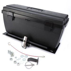 The AGCO | Tool Box - 009A186500100, made from black plastic and mounted on a metal bracket, includes an assortment of screws, washers, an additional bracket, and a cable latch on the white surface. It's perfect for maintenance on your Fendt Vario S4 or Valtra machinery.