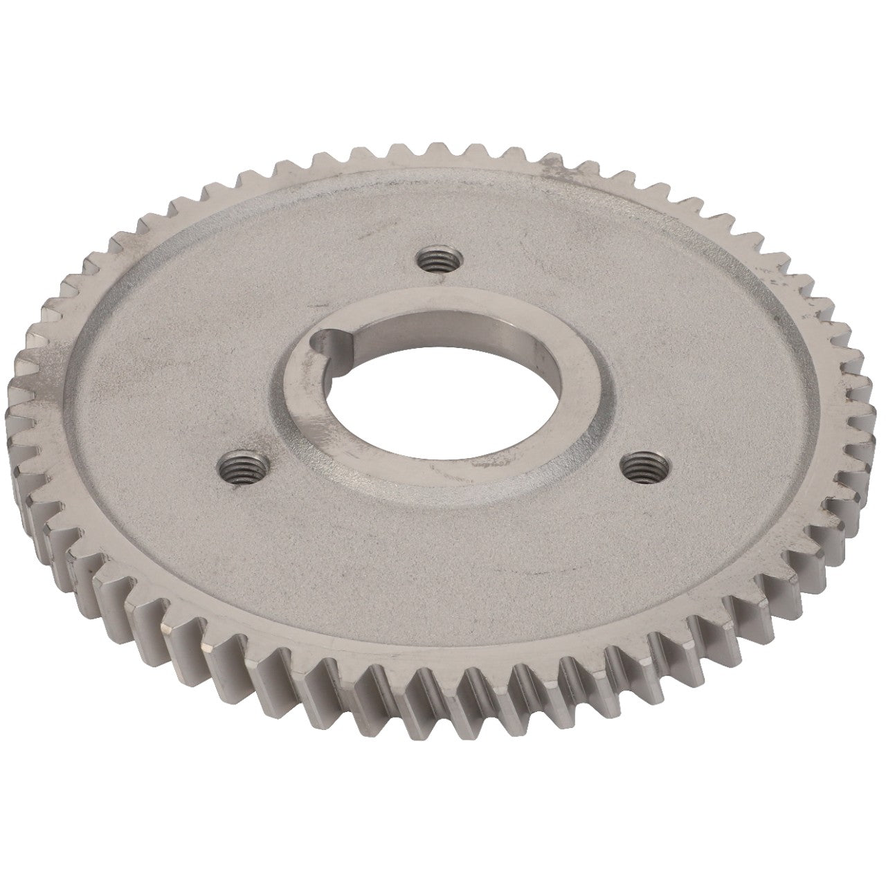 The AGCO | Helical Gear - V836119550 is a precision-engineered, metallic gear featuring evenly spaced teeth around its circumference and a central circular hole with two smaller holes nearby, specifically designed to optimize machinery performance. Built as part of AGCO Parts Genuine Gears, it ensures reliable gear assembly.