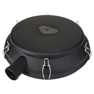 The AGCO | COVER - AG334849 is a circular black plastic lid featuring metal clips around the edges and a spout-like extension neatly attached on one side.